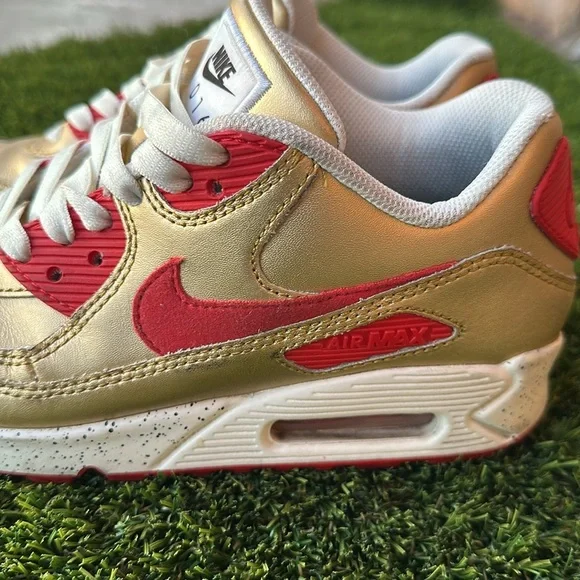 Nike Men's Red Black Gold Solid Leather Air Max 931896 994 Shoes Size 6.5 49ers - Picture 4 of 7